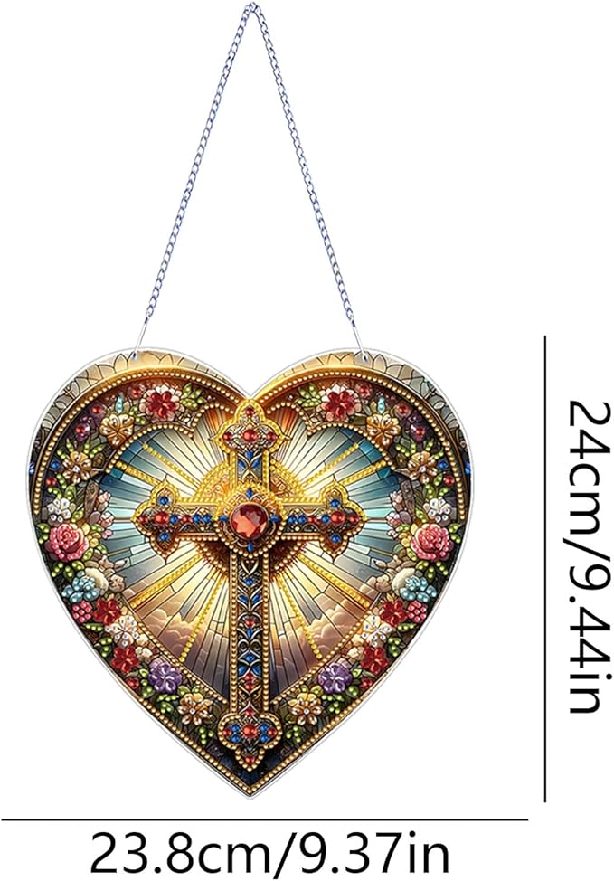 JJFox DIY Acrylic Diamond Art Painting Wreath Kits Special Shaped Rhinestone Diamond Art Window Pendants Home Garden Wall Hanging Kits Hanging Ornament (Cross-1)