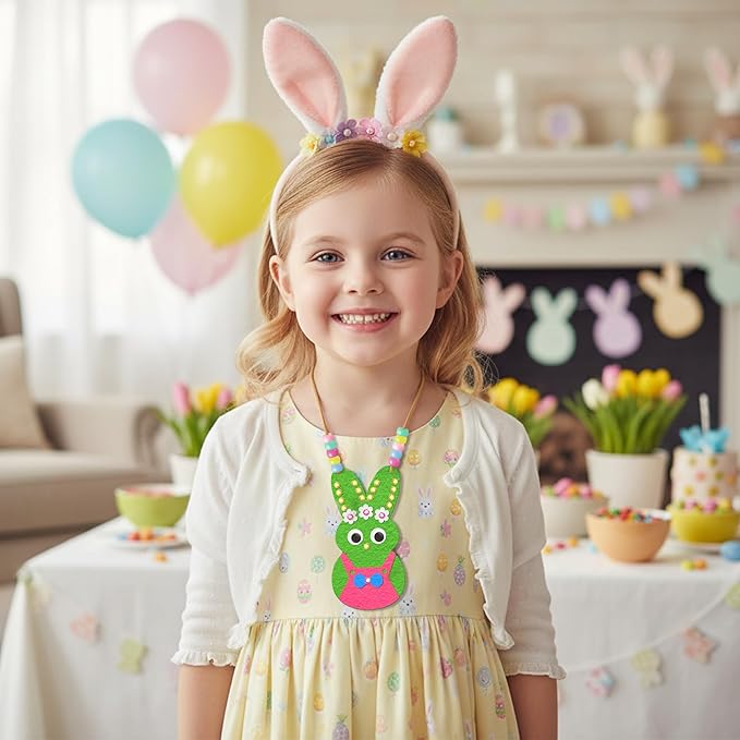 BeYumi Easter Necklace Craft Kit - 24Pcs Easter Bunny Peeps Felt Necklace Making Kits with Beads and Gem Sticker DIY Rabbit Craft for Kids Sunday School Home Classroom Gift Party Favor Fun Activities