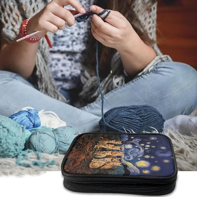 Hechitok Starry Night Cat Crochet Hook Case Without Hooks and Accessories Zipper Storage Organizer Bag with Web Pockets for Various Crochet Needles Accessories Crochet Hook Kit Tools