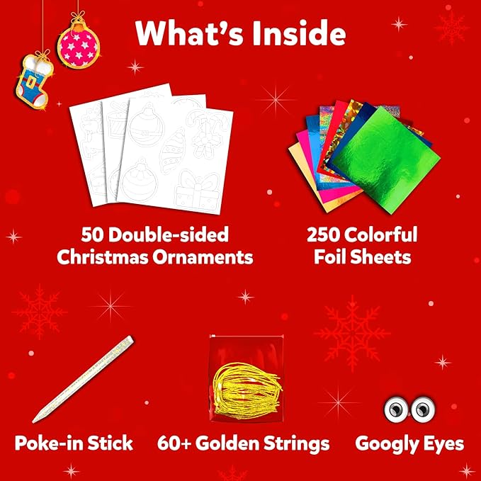 skillmatics foil fun - christmas ornaments, mess free art for kids, festive holiday craft kits, diy decor creative activity, gifts for girls & boys ages 4, 5, 6, 7, 8, 9, and up