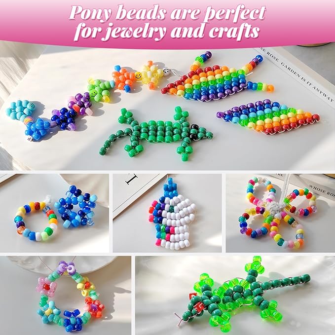 Plastic Pony Beads for Jewelry Making, 1200 Pieces, Multi-Color, 0.35 x 0.22 inch, DIY Craft Beads for Bracelets and Hair Braids (Mixed Color)