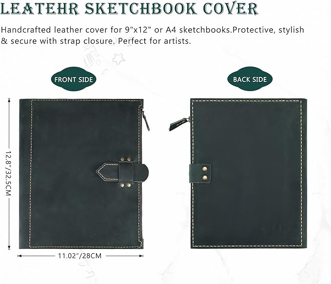 Leather Sketchbook Cover for A4/9"x12" sketch pads - Handmade Genuine Leather Artist Case with Pencil Holder & Zipper Pocket, Professional Drawing Supplies (Green, 9"x12")