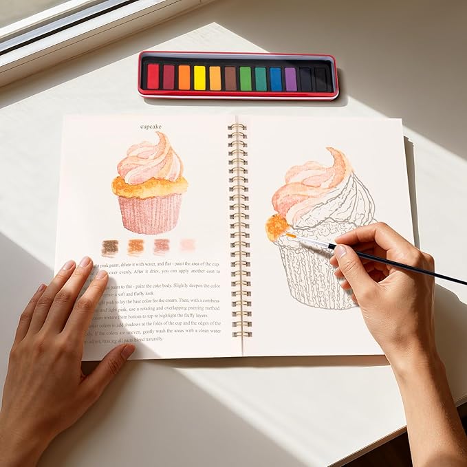 Watercolor Workbook for Adults, Beginner Friendly Watercolor Painting Kit Baking Pattern Water Coloring Book, Nature-Themed Practice Art Gift Water Color Paint Book with Palette and Brush