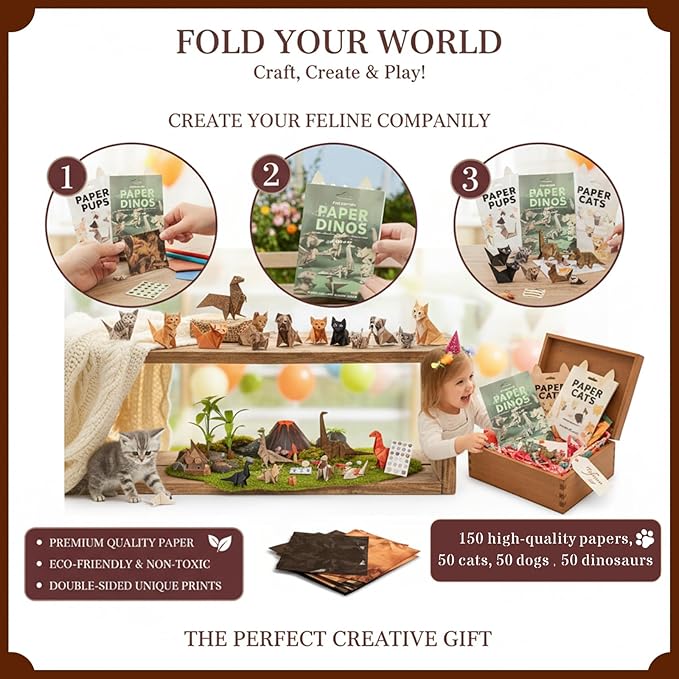 150 Sheets Origami Paper Kit, 3D Cat Dog Dinosaur Animals Paper Folding Craft Set - DIY Creative Art Activity for Adults & Adolescents, Educational Toys, Desk Decor Gift for Animal Lovers