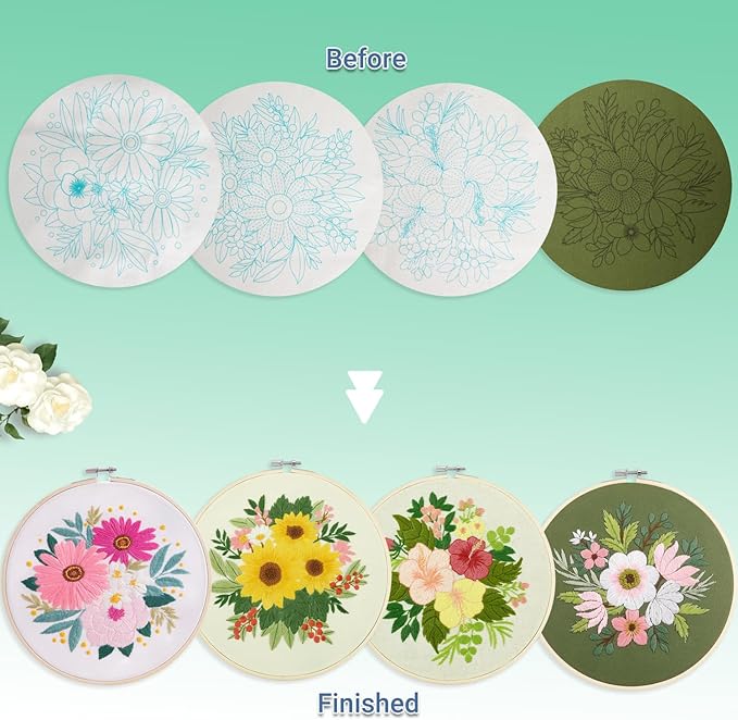 bonroy 4 sets embroidery set for beginners, art craft, easy sewing embroidery kit includes embroidered clothes with patterns, embroidery hoops, instruction manual, color stitch set (3)