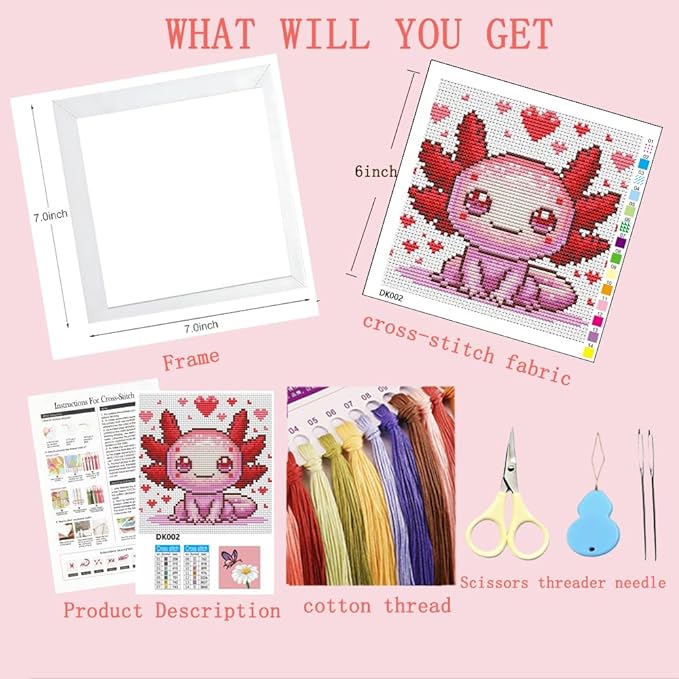 VIGEGU Cross Stitch Kits for Beginners,Salamander Stamped Cross Stitch for Adults with Framed,Crafts for Girls 8-12 Embroidery Kit Partial 11CT Cross-Stitch Arts and Crafts for Adults 6.7x6.7inch