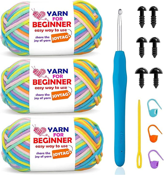 3 Pack Rainbow Beginner Crochet Yarn for Crocheting and Knitting Multicolor Cotton Crochet Yarn for Beginners(Rainbow 04)