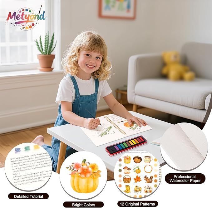 Metyond Beginner Watercolor Workbook Kit - Watercolor Painting Kit with 1 Workbook 12 Colors Paint Set with Brush, Beginner Friendly Watercolor Paint Set Gift for Adults Teens (Autumn)