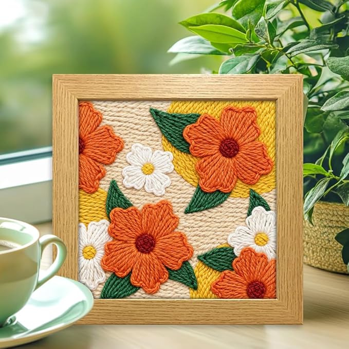 INFUNLY Punch Needle Frame Kits Red Flowers Punch Needle Embroidery Set with Patterns 9.4x9.4 Punch Needlework Starter Kit for Beginners with Yarn Fabric Festival Gift Home Decor