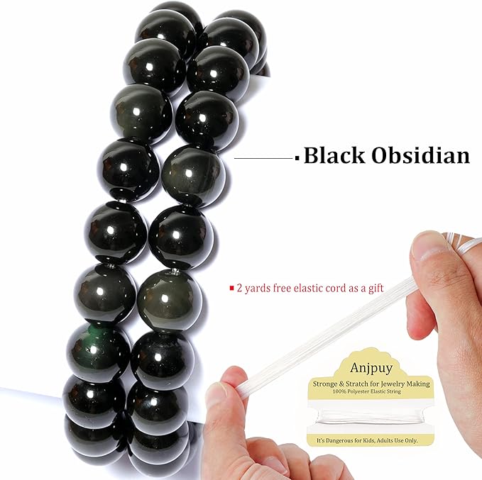 10mm Black Obsidian Round Bead - 35PCS Bulk Gemstone Beads for Jewelry Making, DIY Bracelets, Necklaces - Includes Crystal Stretch Cord - Stone Beads for Crafting Gifts