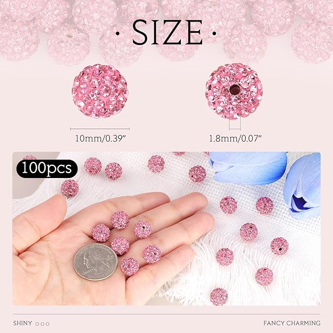 100pcs 10mm Rhinestone Beads for Jewelry Making, Dark Pink Shiny Round Shamballa Disco Ball Beads Bulk, Sparkle Crystal Clay Christmas for Bracelet Baseball Necklace Earring Crafting and DIY