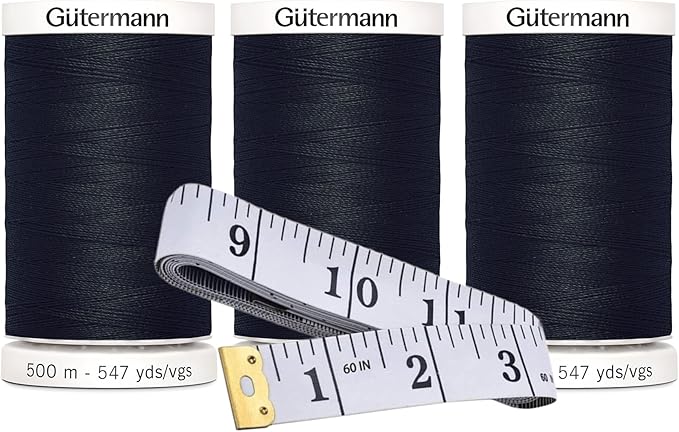 Gutermann Sew-All Thread (500m/547yd Each), 3-Pack Bundle with Bella's Crafts Soft Tape Measure (Black - 10)