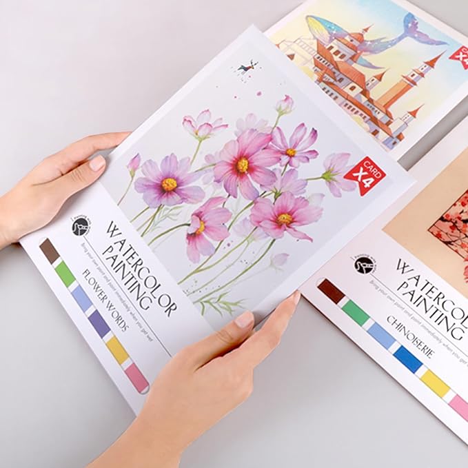 MaiMaiTu 11.5" x 8.5" Watercolor Workbook for Adults, Easy Nature Scenes Paint Coloring Book Paint, Water Coloring Book with 4 Floral Drawings 2 Pigment Card and 1 Brush (Flower Words)