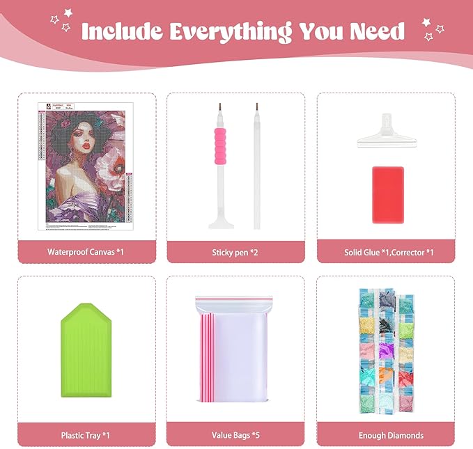 QENSPE Diamond Painting Art Kits for Adults, DIY Pink Flowers Full Drill Diamond Art Kit for Beginners, 5D Beautiful Woman Round Diamond Dots Paintings Gem Art Crafts Home Wall Decor Gifts 30x40cm