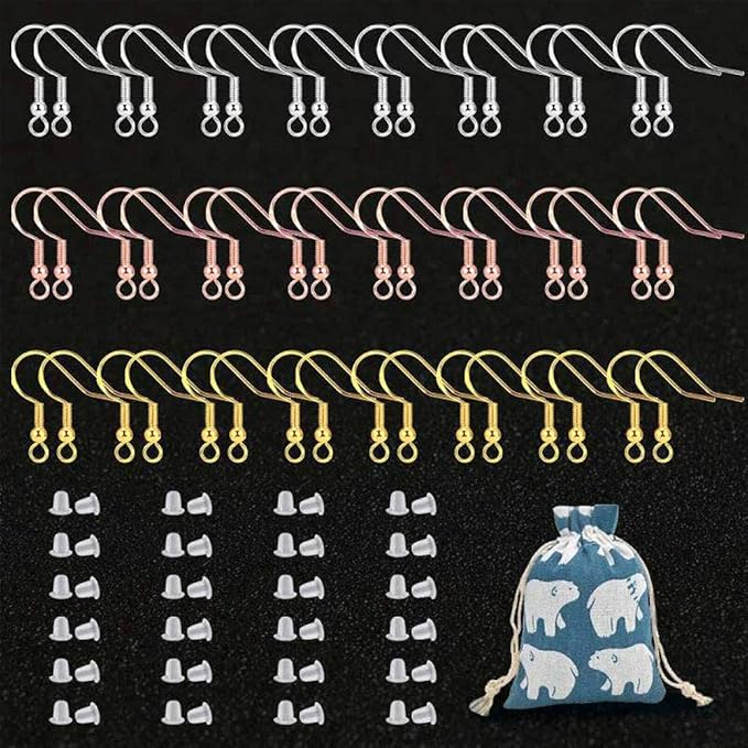 925 sterling earring hooks hypoallergenic 48pcs silver+gold+rose gold jewelry making supplies findings ear wires fish hook nickel-free kit with 48pcs clear rubber earring backs for diy jewelry