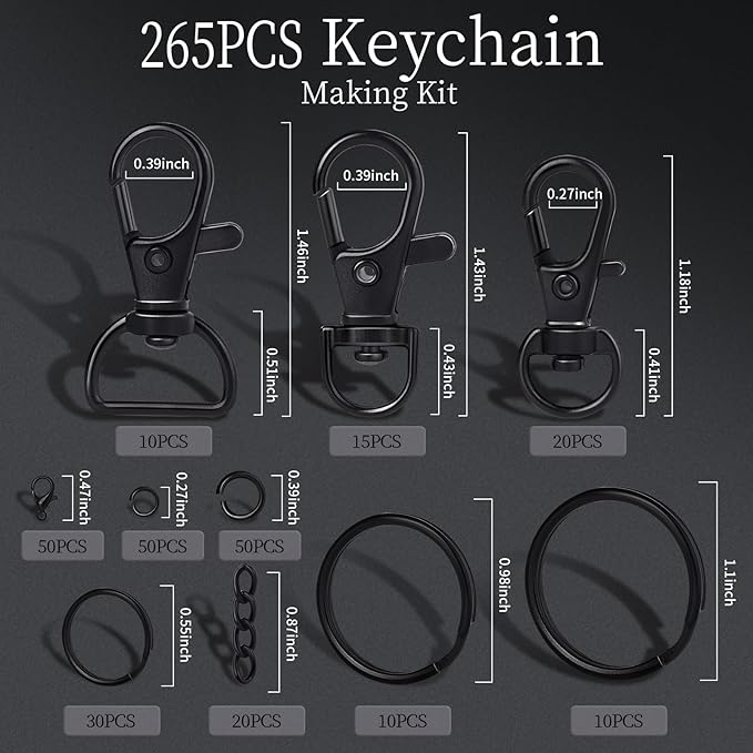 LEOBRO 265PCS Swivel Snap Hooks and Key Rings, Keychain Clips and Key Chain Rings, Keychain Making Kit, with Lobster Claw Clasps & Jump Ring & Necklace Extenders, for Jewelry Making, Black