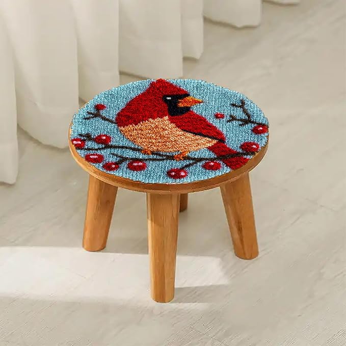 Latch Hook Rug Kit Cute Cartoon Red Cardinal Bird on Red Berry Tree Easy for Beginners Round Shape Carpet Crochet Yarn Craft Mini Rug DIY Hook and Latch Little Tapestry for Home Decor 30x30cm-3