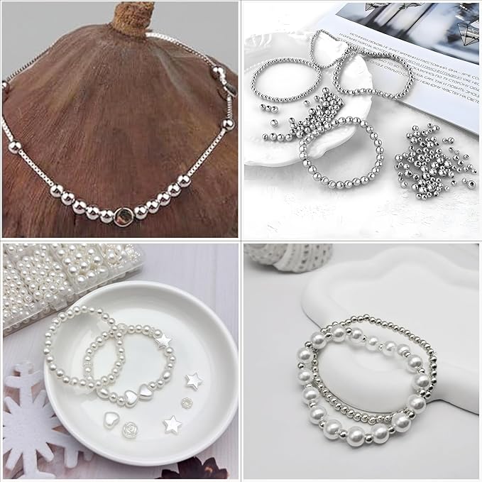 3360pcs Silver Round Beads & Pearl Beads 3/4/6/8mm 4 Size Smooth Ball Bead for Jewelry Making Metal Circle Bead for Bracelet Necklace Earring Making Supply