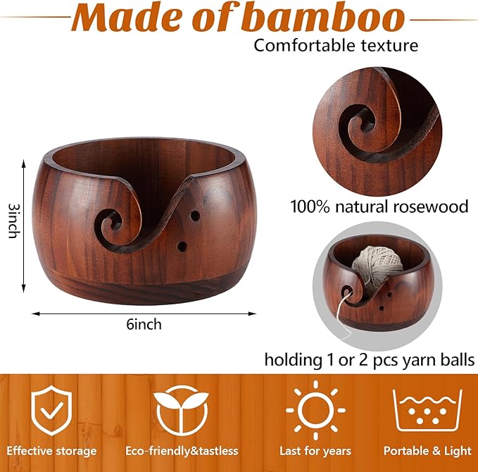 Patelai 6 x 6 x 3 Inch Wooden Yarn Bowls for Crocheting Round Knitting Wool Storage Yarn Bowl Handmade with Holes 12 Pieces Crochet Hooks for Knitting DIY Crafts Tools(Dark Brown)