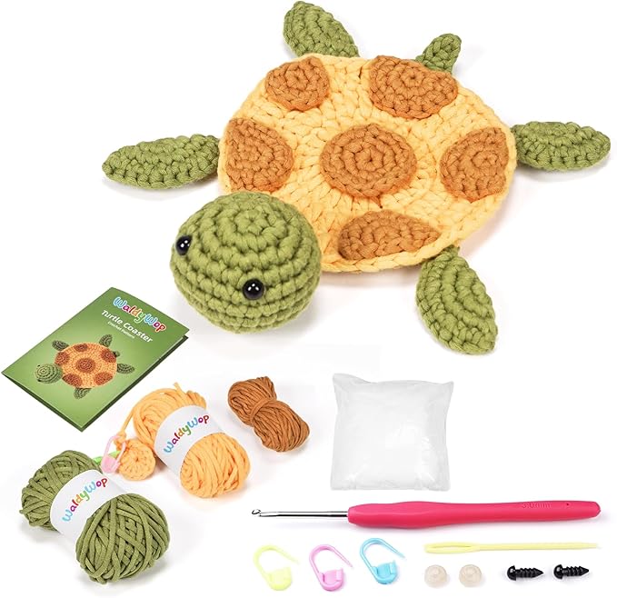 WaldyWop Crochet Kit for Beginners – Easy to Follow Tutorials, Ergonomic Hook & Tangle-Free Yarn, Complete DIY Craft Set for Teen Girls (13+) & Women, Stress Relief & Home Decor (Turtle Coaster)