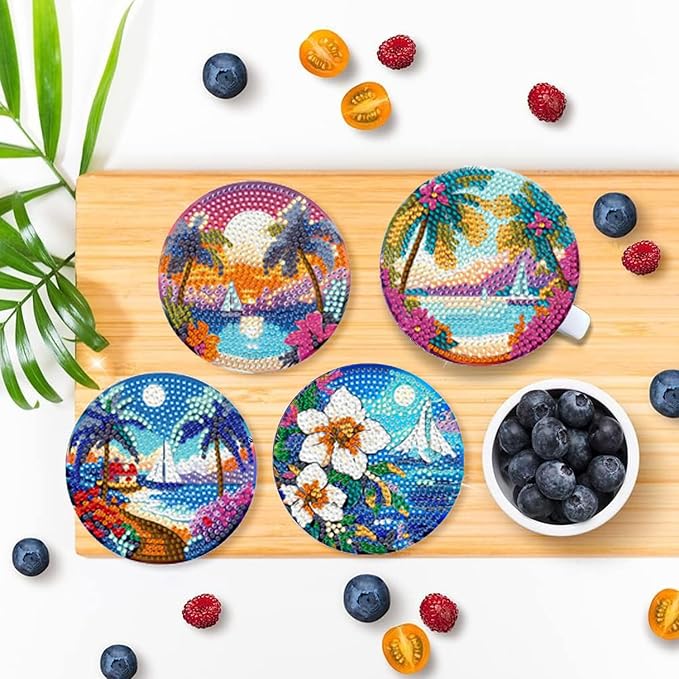 EWJRNSF 8 PCS Diamond Art Coasters Kit, Small Diamond Painting Coasters, Fall Beach Diamond Art Kits for Adults Beginners, Arts and Crafts Supplies Item Sets with Holder