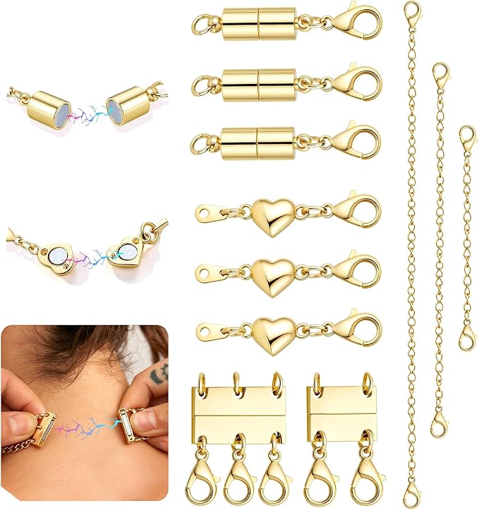 KRFY Extra Strong Magnetic Necklace Clasps and Closures, Necklaces Separator for Layering Stacks, Necklace Chain Extenders for Women, Magnet Detangler Clasp Bracelet 11Pcs 16K Gold Plated