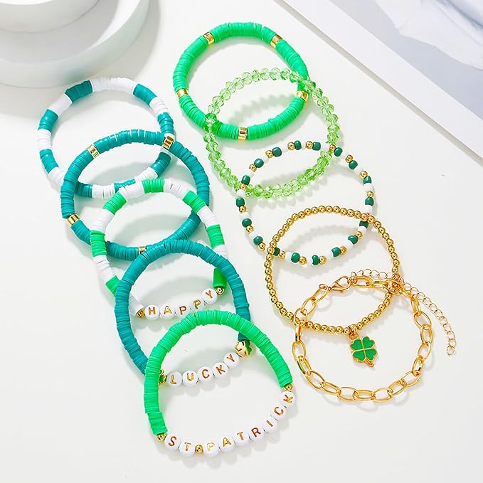 2220Pcs St. Patrick's Day Beads for Bracelets Jewelry Making, Green Assorted Bracelet Making Kit Clay Beads Pearl Beads Acrylic Round Beads Heishi Beads Letter Spacer Beads Bulk for Earrings DIY Craft