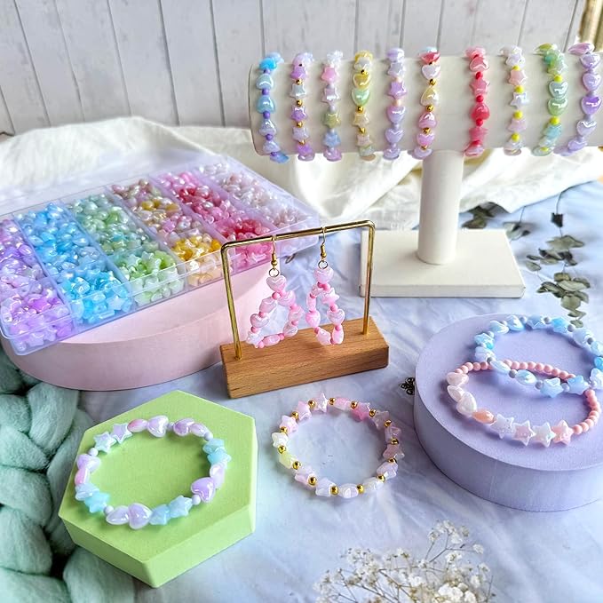 1000Pcs Acrylic Star Beads Hart Beads for Bracelet Jewelry Making, ABS Cute Acrylic Pastel Bead Colorful Assorted Aesthetic Rianbow Kawaii Bead Bulk for Bracelet DIY Craft Earring Phone Charm