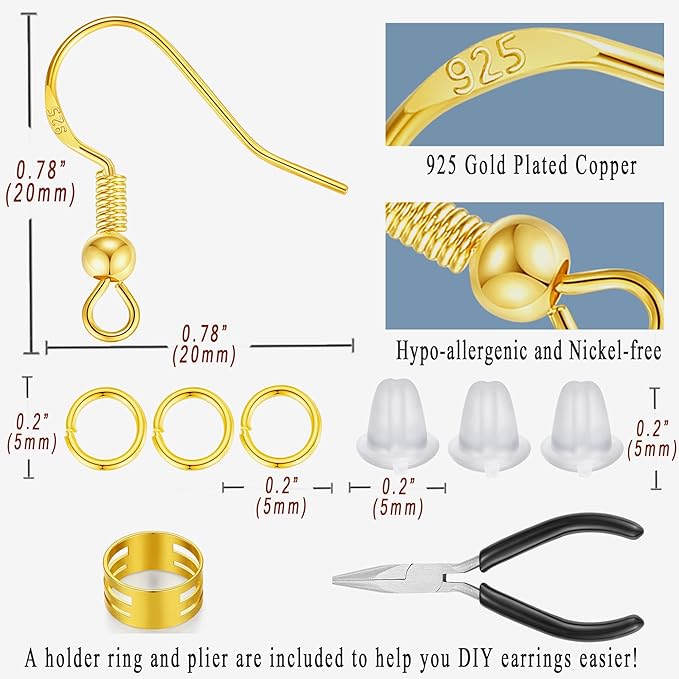 MAIBAOTA Gold Earring Hooks for Jewelry Making, 602 Pcs Hypoallergenic Gold Plated Earring Hooks, Jump Rings, Earring Findings, Rubber Earring Backs, DIY Jewelry Making Supplies Kit