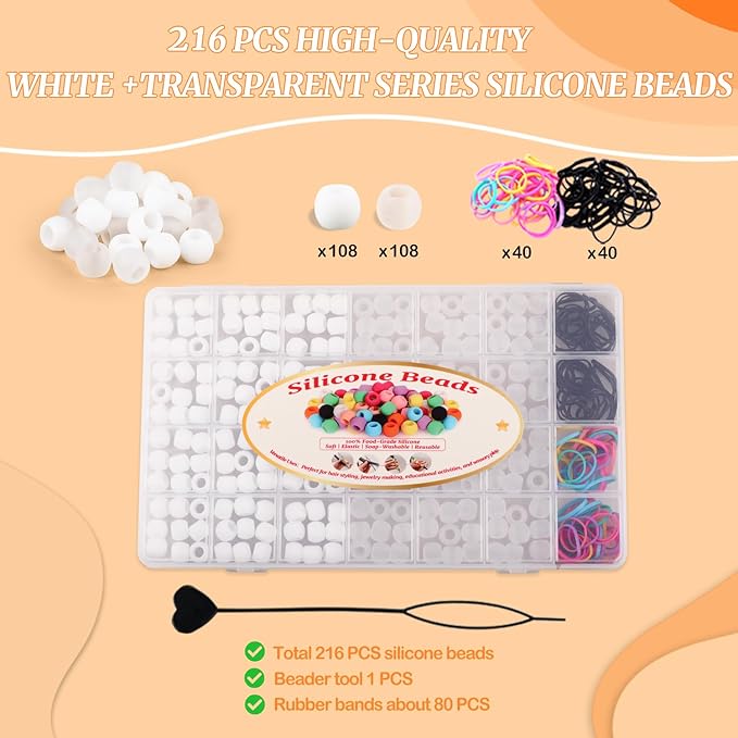 AD Beads 216PCS 6x9mm DIY Soft Pony Silicone Beads for Hair, White +Transparent Series with 80 Elastic Bands, Tool and Storage Box Kit for Braids, Bracelet, Crafts.