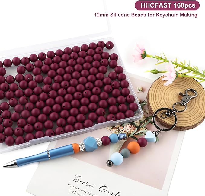 160Pcs 12mm Silicone Beads for Keychain Making Bracelet Necklace, Bulk Round Silicone Beads for Pens（Wine Red）