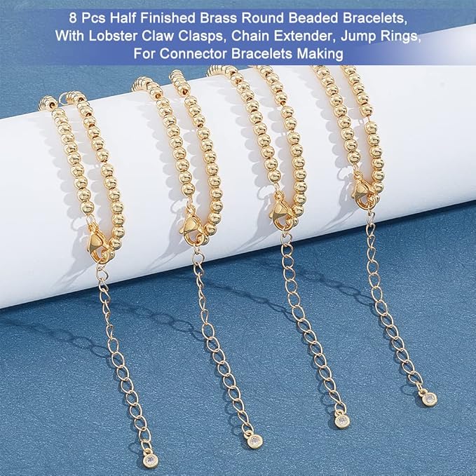 NBEADS 8 Strands Adjustable Bracelet Chain, 6.1" Golden Brass Round Beaded Half-Finished Adjustable Bracelets Extender Chain Stainless Steel Link Bracelets for Jewellery Making DIY Findings