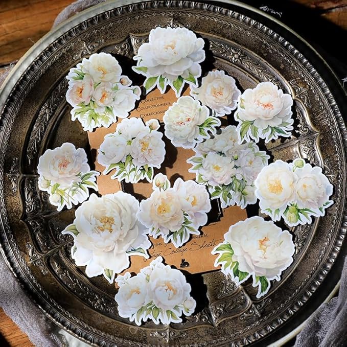 CATaireen Vintage Junk Journal Items Kit Pre Cut Paper Cards Cutout Cardstock Art Aesthetic Decor Hollow Out Craft Elements Small Embellishments Supplies for Adults Scrapbook Pack (Floral White)