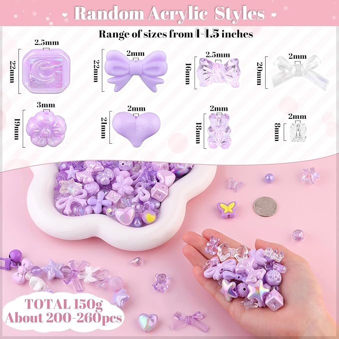 200-260PCS TINKRSTUFF Assorted Acrylic Beads Purple Cute Beads for Bracelet Making, Bow Aesthetic Star Flower Butterfly GummyBear Kawaii Charms for Jewelry Necklace Making DIY Keychain Phone Charm