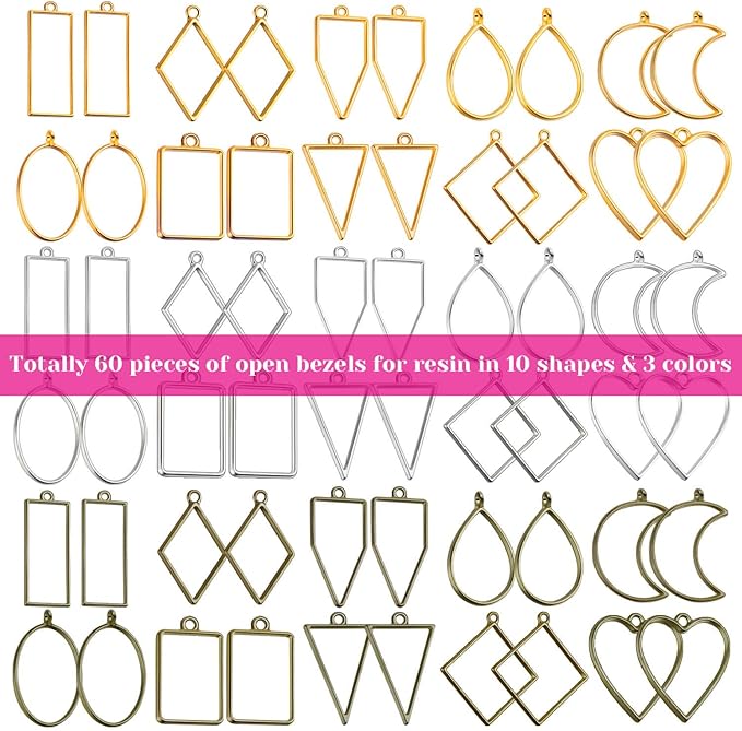 Shynek 60Pcs Hollow Frame Pendants - Resin Craft Bezels Jewelry Molds for Necklaces and Earrings Making Supplies