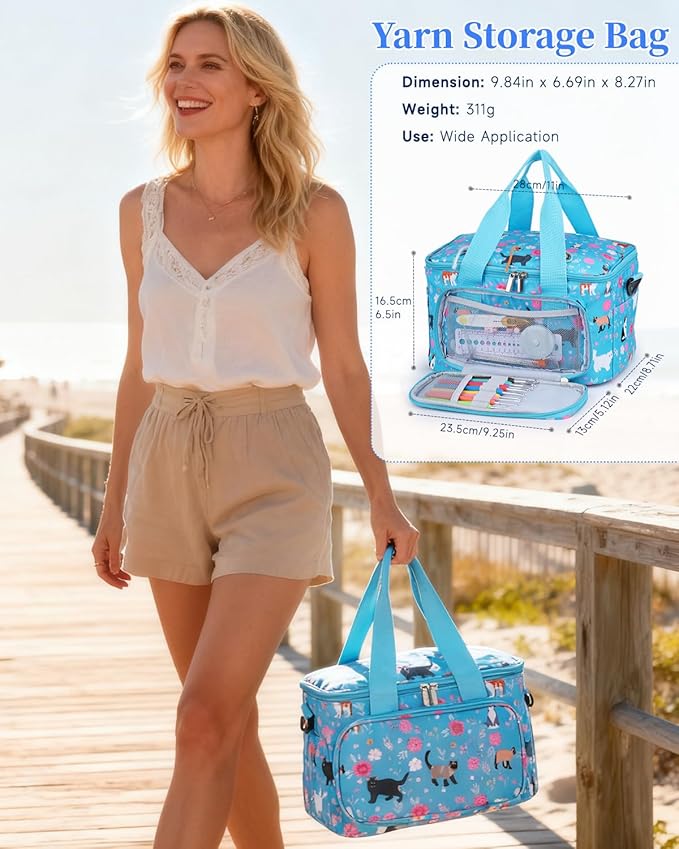 Aeelike Yarn Storage Organizer Travel Crochet Bag, Large Capacity Tote Bags Knitting Bag for Carrying Projects, Knitting Needles,Crochet Hooks and Yarn, Blue Cat Flower