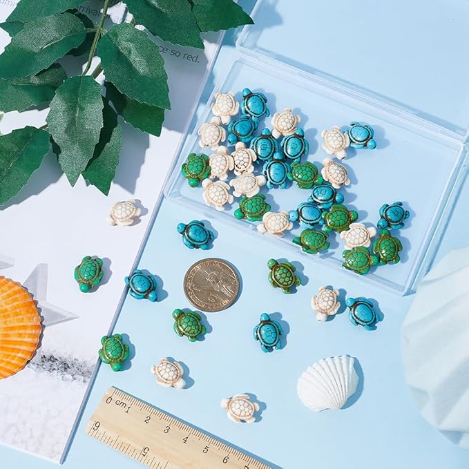 SUNNYCLUE 1 Box 120Pcs Turtle Beads Bulk Sea Turtle Charms Blue Green White Beads Tortoise Synthetic Howlite Turquoise Bead Summer Ocean Animal Loose Spacer Beads for Jewelry Making Kit Adult Women