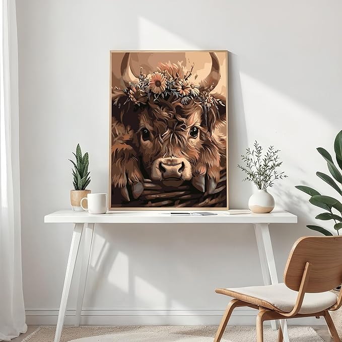 Mosaflare Paint by Numbers for Adults Beginner, Highland Cow Adult Paint by Number Kits on Canvas, DIY Acrylic Oil Easy Painting by Numbers for Home Wall Decor 12X16 inch (Without Frame)