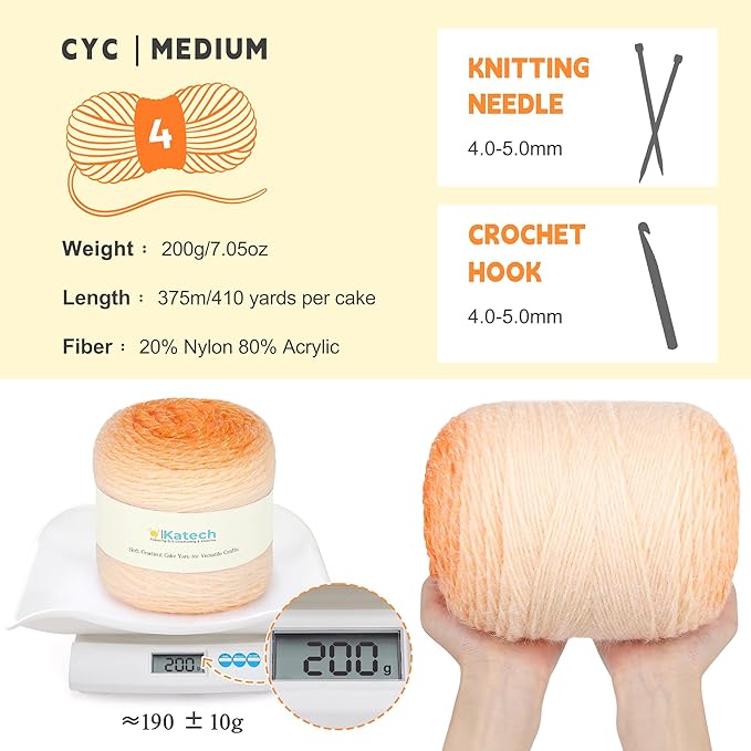 Katech Ombre Yarn for Crocheting-Large Skein of Gradient Yarn Cake-2 Pack of 200g/7.05 oz-80% Acrylic,20% Nylon- #4 Medium-Perfect for Star Blankets, Scarves, Shawls and Garments (H)