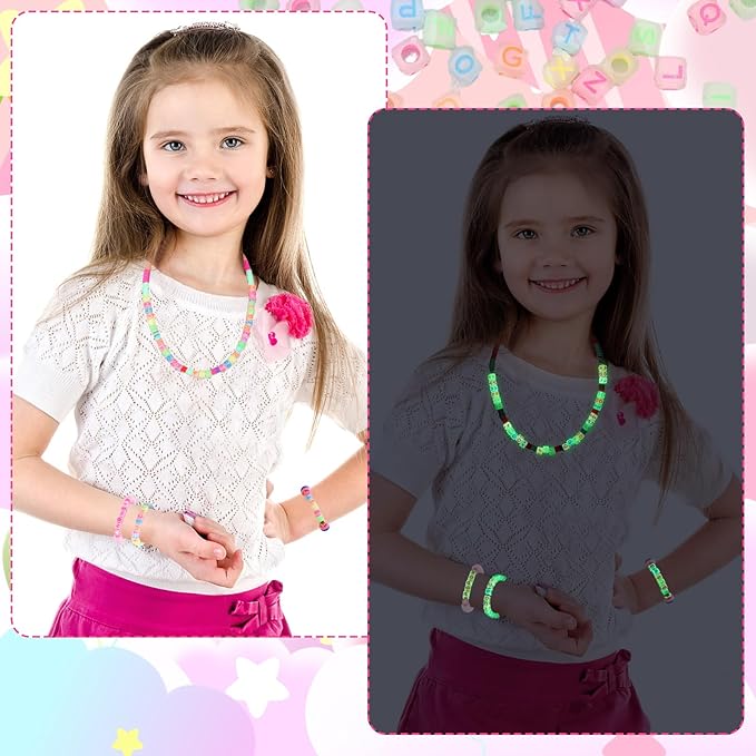 Augshy 1400pcs Glow in The Dark Square Acrylic Alphabet Beads Bracelet A-Z Cube Letters Beads for Bracelets Necklaces Phone Lanyard Making with 1 Roll Crystal String Cord for Jewelry Making(6 mm)