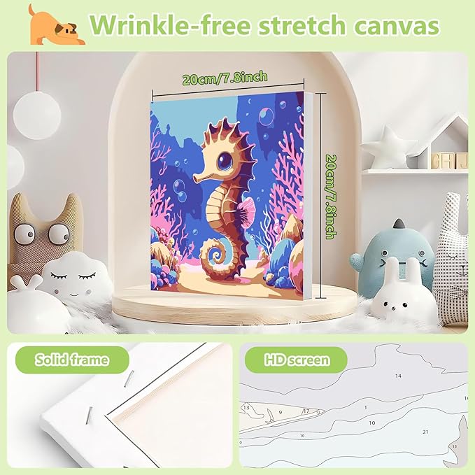 Reivworl Paint by Numbers Kit for Kids with Frame and Easel, Seahorse Paint by Number for Kids Age 6-8-12, Paint by Numbers Kits for Gifts and Home Decor - 8X8Inch