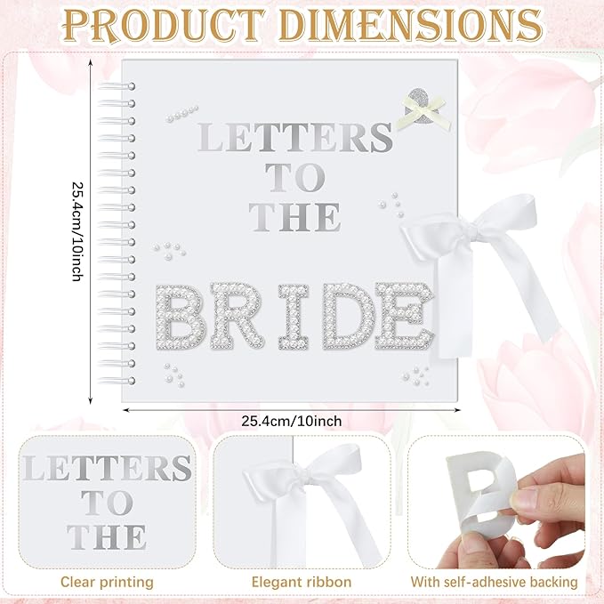 Fuyoooo 10 x 10 Inch Letters to The Bride Scrapbook Wedding Memory Book Bridal DIY Blank Paper Scrapbook Photo Album Guest Book Sign with Pearl Stickers, Metallic Letters, Bows (White)
