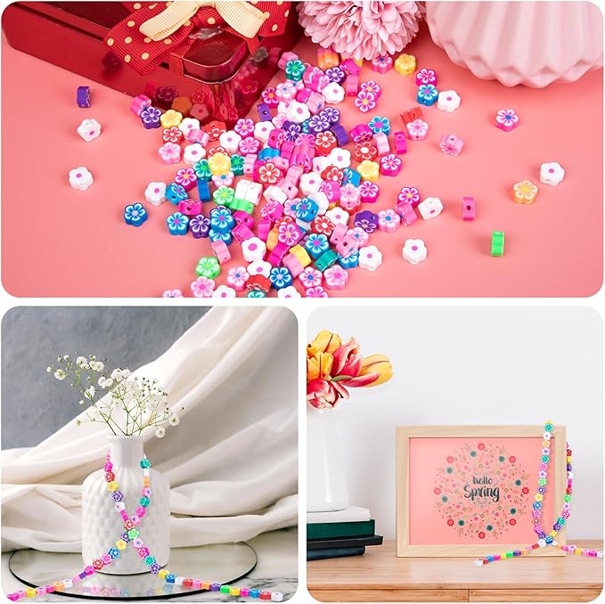 NUOBISHI 500 Pcs Flower Polymer Clay Beads Charms for Crafts with Elastic String for Making Bracelet Necklace Craft Decoration DIY Crafts