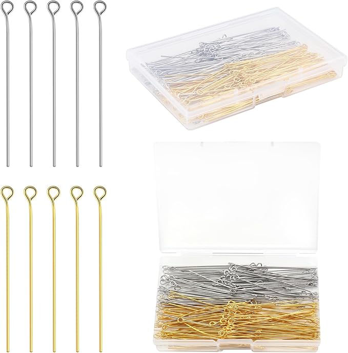 200 Pcs 50mm Straight Eye Pins for Craft Earring Bracelet Necklace Pendant DIY Jewelry Making, Platinum & Gold Color