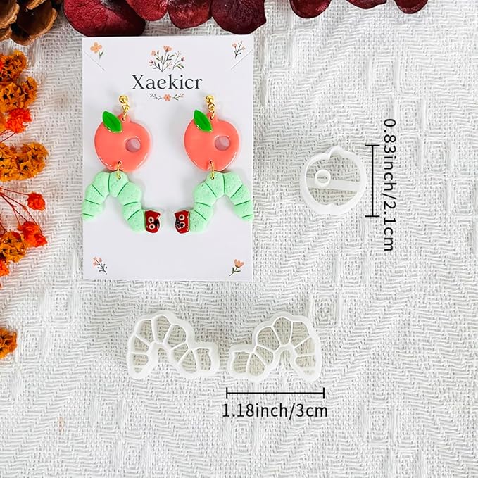 Xaekicr Whimsical Worm and Apple Polymer Clay Cutters – 3PCS Clay Earring Cutters Set for DIY Fruit Insect Jewelry Making – Clay Tools and Polymer Clay Molds