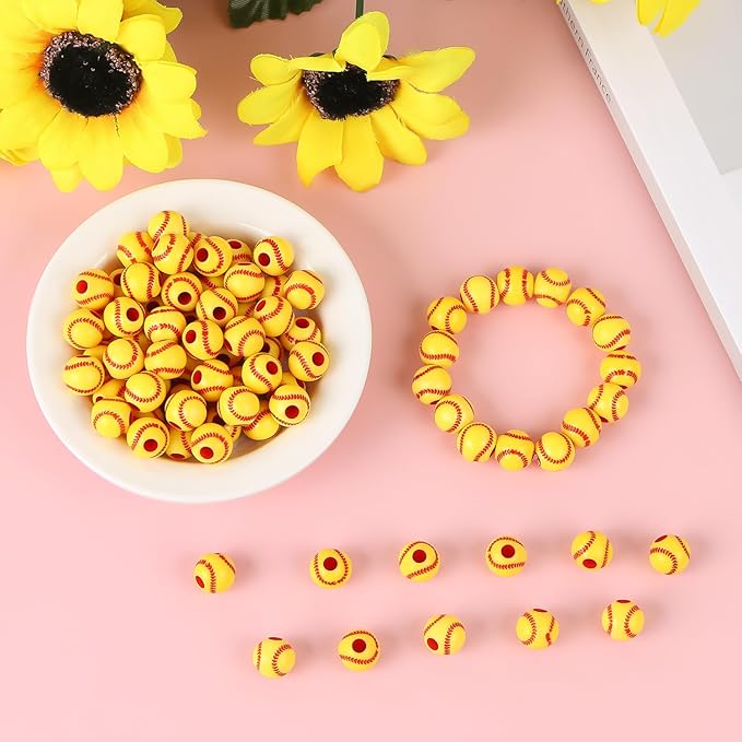 100pcs Baseball Beads with 5.5 Yard Elastic Rope,Acrylic Softball Beads Sports Bead DIY Spacer for Necklace Bracelet Keychains Handmade Jewelry Making Accessories Craft Supplies,12mm(Baseball)