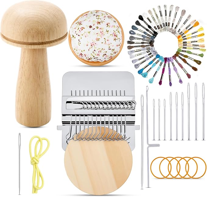 Jexine Mini Darning Mushroom for Socks 14 Hooks Small Speedweve Style Weaving Darning Loom with 9 Pcs Large Eye Needles 50 Colors Thread for Handcraft DIY Weaving Repair Tool