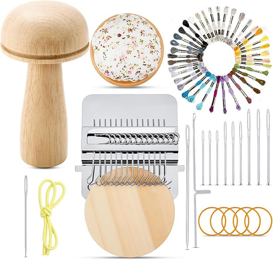 Jexine Mini Darning Mushroom for Socks 14 Hooks Small Speedweve Style Weaving Darning Loom with 9 Pcs Large Eye Needles 50 Colors Thread for Handcraft DIY Weaving Repair Tool