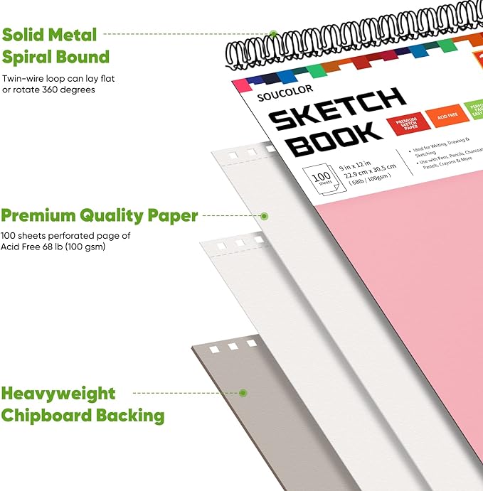 soucolor cute sketchbook 9" x 12" for women, 1-pack 100 sheets spiral notebook drawing pad, pastel art supplies for artists, arts and crafts gifts set for adults