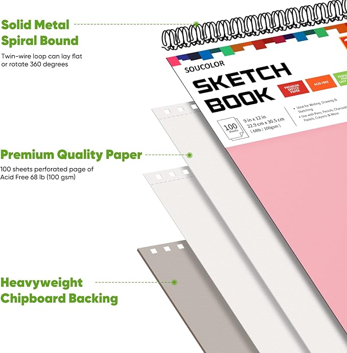 soucolor 9"x12" sketch book 2-pack: bithday art supplies, creative gift set for birthdays, art projects, and all-season crafting
